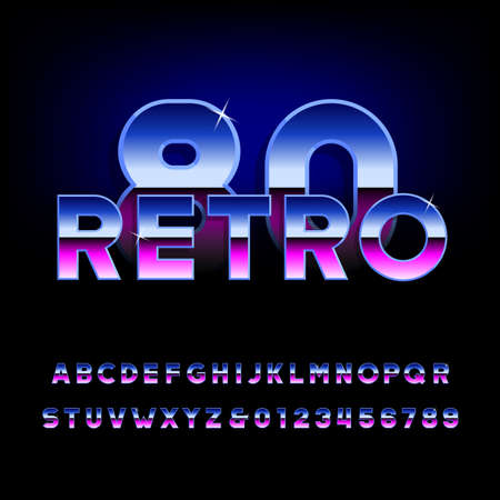 80's retro alphabet font. Metallic effect shiny letters and numbers. Light glare sparkle.のイラスト素材