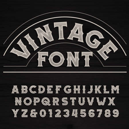 Vintage font. Retro alphabet. Dirty letters on a grunge wooden background.のイラスト素材