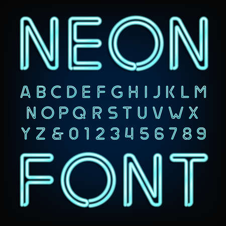 Neon tube alphabet font. Type letters and numbers on a dark background.のイラスト素材