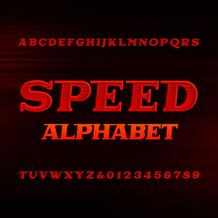 Speed alphabet font. Oblique dynamic letters and numbers on a dark background.のイラスト素材
