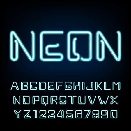 Neon tube alphabet font. Futuristic type letters and numbers on a dark background.のイラスト素材