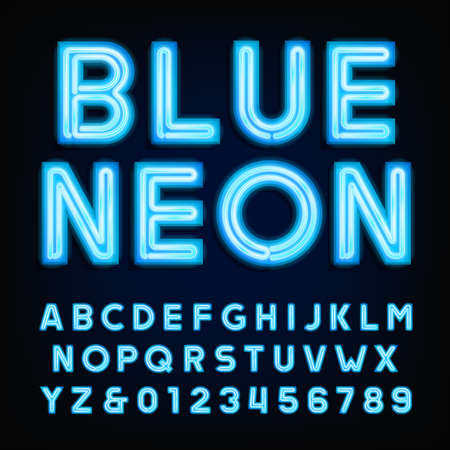 Blue neon tube alphabet font. Type letters and numbers on a dark background.  typeface for labels, titles, posters etc.のイラスト素材