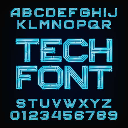 Tech font Alphabet. Digital hi-tech style letters and numbers.のイラスト素材