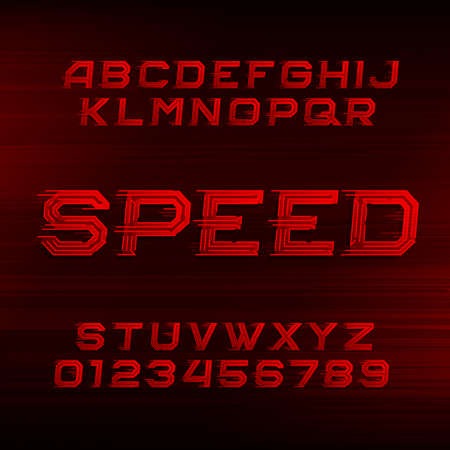 Speed ??alphabet font. Oblique dynamic red letters and numbers on a dark background. Vector typeface for your design.のイラスト素材