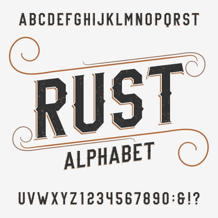 Vintage rust alphabet font. Distressed effect letters and numbers on a bright background. Retro vector typeface for labels, flyers, headlines, posters etc.のイラスト素材