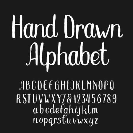 Hand drawn alphabet vector font. Brush lettering on black background for labels, headlines, posters etc.のイラスト素材