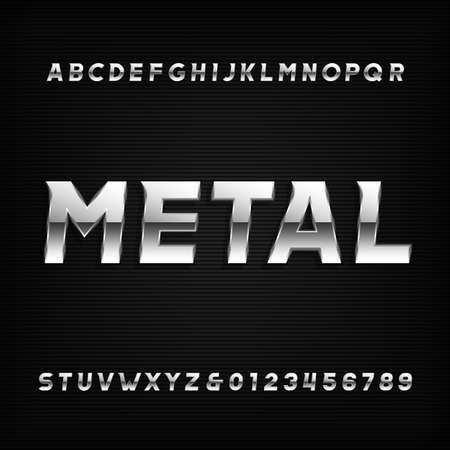 Metal alphabet font. Chrome effect oblique letters and numbers on a dark background. Vector typeface for your design.のイラスト素材