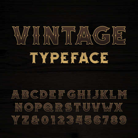 Vintage alphabet font. Bold letters and numbers on a dark wooden background. Retro vector typeface for your design.のイラスト素材