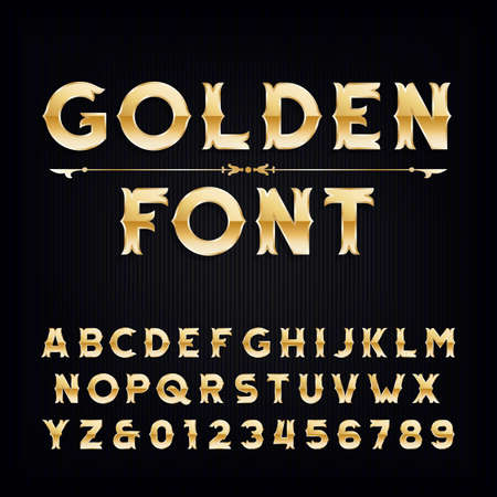 Golden vintage alphabet font. Metallic effect letters and numbers. Retro vector typeface for your design.のイラスト素材