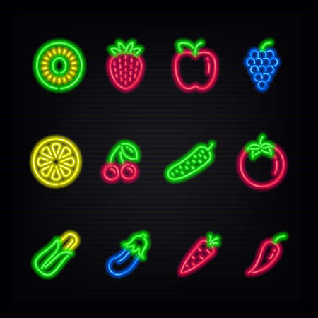 Neon signs. The symbols of different fruit and vegetables on a dark background.のイラスト素材