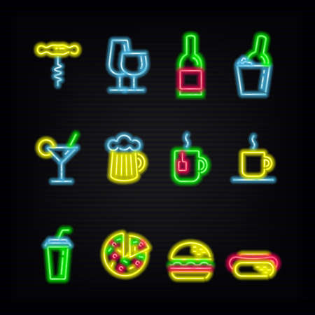 Neon signs. The symbols of different beverages and fast food on a dark background.のイラスト素材