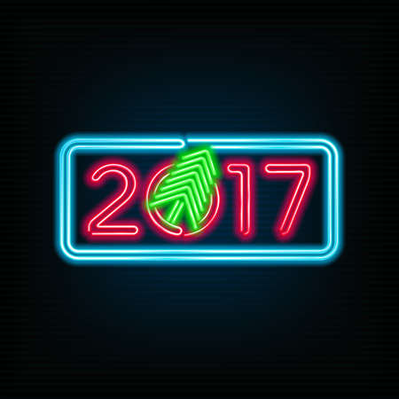 New Year neon sign. 2017 text and Christmas tree on a dark background.のイラスト素材