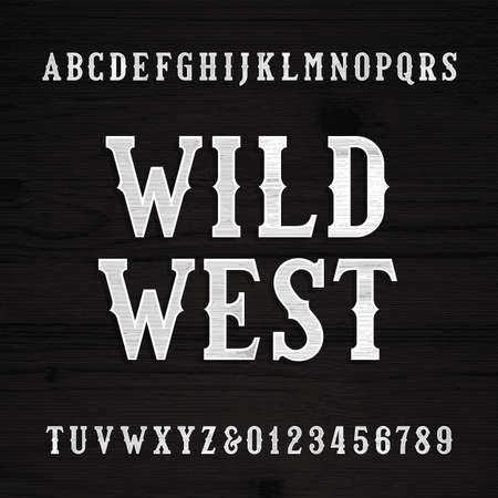 Wild West font. Vintage alphabet. Wood texture letters on a grunge wooden background. Vector typeface.のイラスト素材