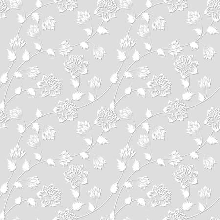 Floral seamless pattern with hand drawn flowers in white color with shadow. Vector background.のイラスト素材