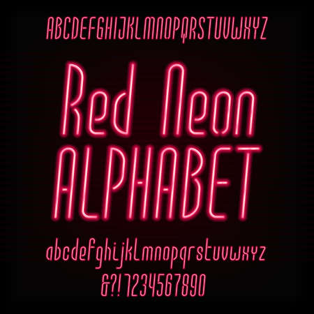 Red neon typeface. Modern oblique alphabet. Uppercase and lowercase letters and numbers. Vector font for your design.のイラスト素材
