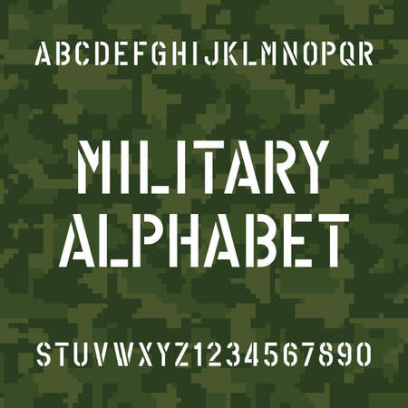 Stencil alphabet font. Type letters and numbers on pixel camo background. Vector typography for your design.のイラスト素材