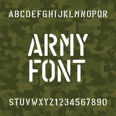 Army alphabet font. Stencil type letters and numbers on camo background. Vector typeface for your design.のイラスト素材