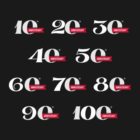 The set of anniversary signs from 10th to 100th. Stock vector illustration. Design elements on a dark background.のイラスト素材