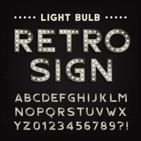Retro sign alphabet. Vintage light bulb type letters and numbers. Signboard vector font for your design.のイラスト素材