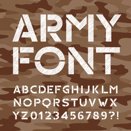 Army alphabet font. Distressed type letters and numbers on camo background. Vector typeface for your design.のイラスト素材