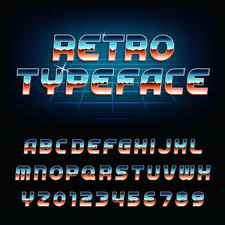 80's retro alphabet font. Chrome effect shiny oblique letters and numbers. Vector typeface for your design.のイラスト素材