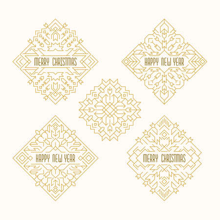 Merry Christmas and Happy New Year badges. Vector frames in outline style. Xmas banners with ornamental snowflakes in golden colors.のイラスト素材