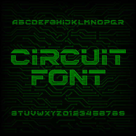 Futuristic circuit board alphabet vector font. Type letters and numbers on a dark background. Vector typeface for your design.のイラスト素材