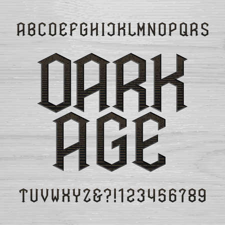Antique alphabet vector font. Distressed type letters symbols and numbers on a wooden background. Vintage vector alphabet for labels, headlines, posters etc.のイラスト素材