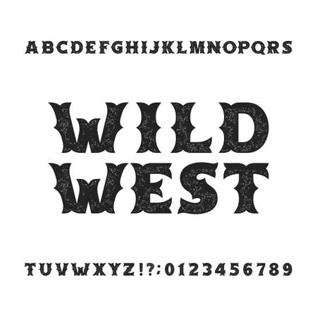 Vintage typeface. Retro distressed alphabet font. Wild west bold letters and numbers. Rough vector typeset for labels, headlines, posters etc.のイラスト素材