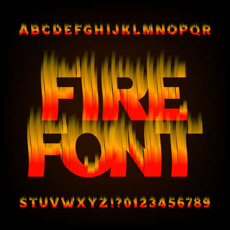 Abstract fire alphabet font. Flame effect letters and numbers on a dark background. Vector typeface for your design.のイラスト素材
