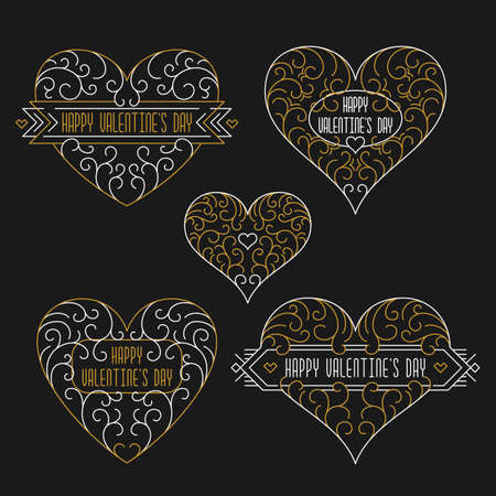 Happy Valentines Day badges. Frames in outline style. Valentine's banners with hearts.のイラスト素材