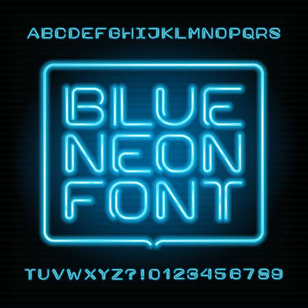 Neon tube alphabet font. Type letters and numbers. Blue color on a dark background. Vector typeset for your design.のイラスト素材
