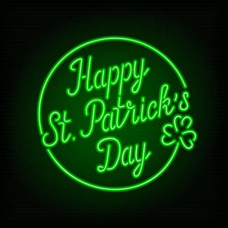 Glowing neon sign - Happy St. Patrick's Day text with shamrock on a dark green background.のイラスト素材
