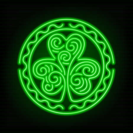 Glowing neon sign - Stylized image of a shamrock on a dark green background.のイラスト素材