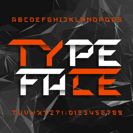 Decorative alphabet typeface. Geometric type letters and numbers on a grey polygonal background. Vector font for your design.のイラスト素材
