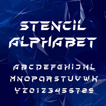 Stencil alphabet typeface. Geometric type letters and numbers on a blue polygonal background. Vector font for your design.のイラスト素材