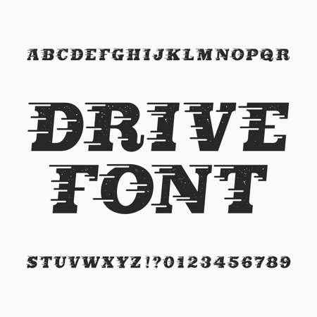 Drive alphabet vector font. Wind effect type letters and numbers. Vintage distressed vector typeface for your design.のイラスト素材