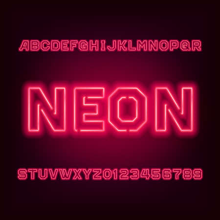 Red neon tube alphabet font. Type letters and numbers on a dark background. Vector typeset for your design.のイラスト素材