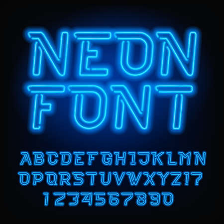 Neon tube alphabet font. Blue color oblique type letters and numbers. Vector typography for headlines, posters, etc.のイラスト素材
