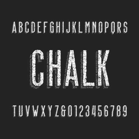 Retro chalk board alphabet font. Letters and numbers on a dark background. Vintage vector typography for your design.のイラスト素材