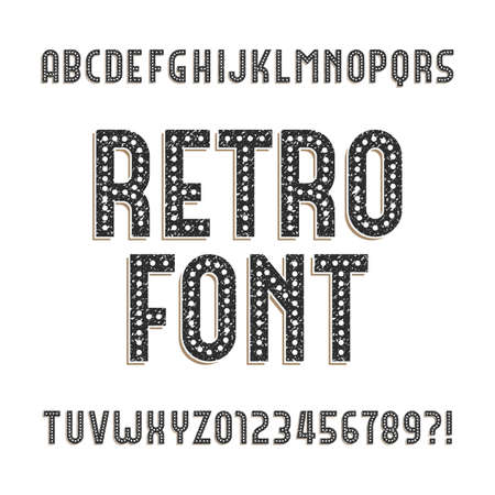 Retro alphabet font. Rough distressed letters and numbers on a white background. Vintage vector typeface for your design.のイラスト素材
