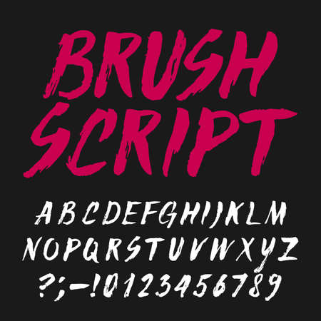 Hand drawn alphabet vector font. Rough brush script letters and numbers for labels, headlines, posters etc.のイラスト素材