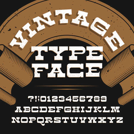 Vintage typeface. Retro distressed alphabet vector font. Slab serif letters and numbers. Vintage vector font for labels, headlines, posters etc.のイラスト素材