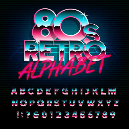 80's retro alphabet font. Metallic effect type letters and numbers. Vector typeface for your design.のイラスト素材