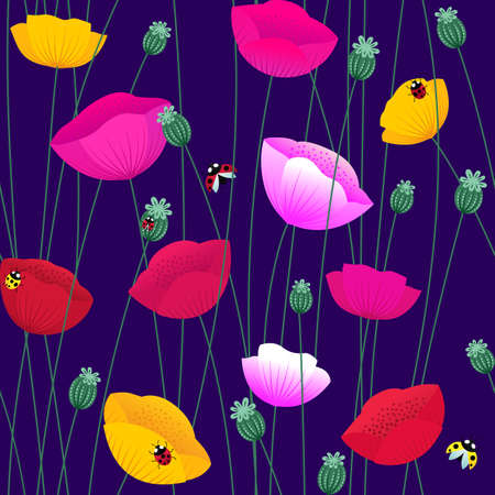 Floral pattern with colorful poppy flowers and ladybugs.のイラスト素材