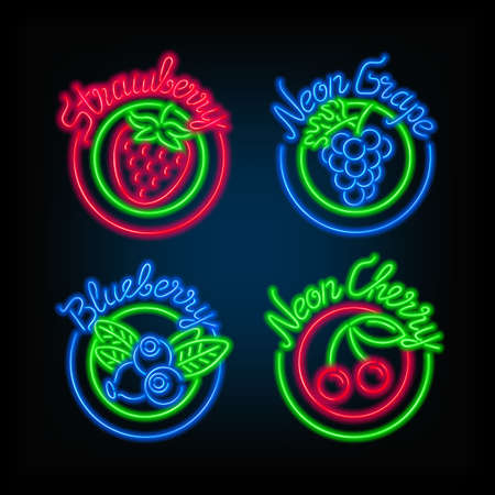 Neon signs. The set of different bright signboard with fruit on a dark background. Stock vector.のイラスト素材