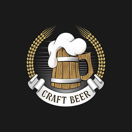 Wooden mug of beer with barley ears. Craft brewery logo. Stock vector illustration.のイラスト素材