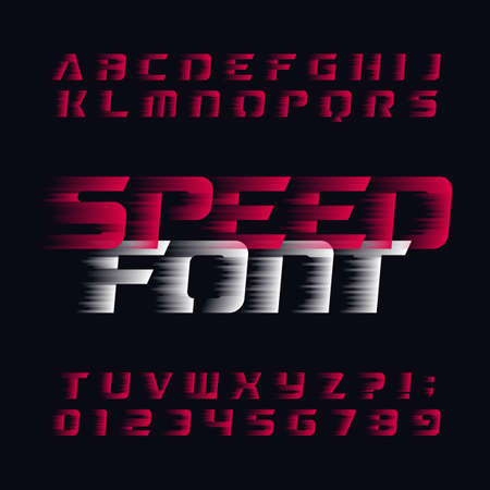 Speed alphabet vector font. Wind effect type letters and numbers on a dark background.のイラスト素材