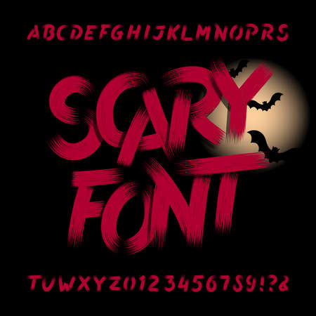Scary alphabet font. Dirty letters, numbers and symbols. Hand drawn vector typography for your headers or any typography design.のイラスト素材