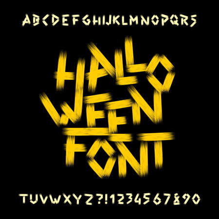 Halloween alphabet font. Dirty letters, numbers and symbols. Hand drawn vector typography for your headers or any typography design.のイラスト素材